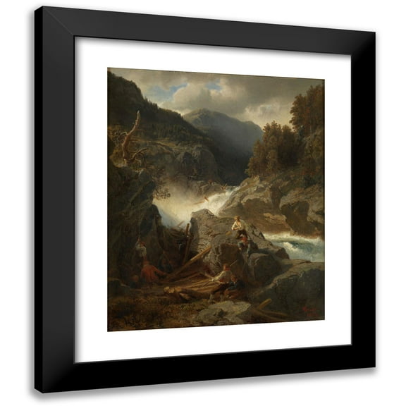 Hans Gude 12x14 Black Modern Framed Museum Art Print Titled - Waterfall in Hallingdal (1859)