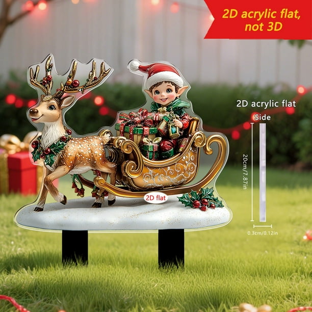 Trineo de Renos Invernal con Papá Noel, Decoración Plana 2D para Jardín Exterior | Decoración Festiva para Patios y Entradas