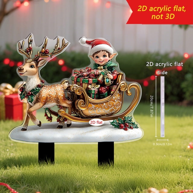 Trineo de Renos Invernal con Papá Noel, Decoración Plana 2D para Jardín Exterior | Decoración Festiva para Patios y Entradas