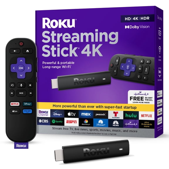 Open Box Roku Streaming Stick 4K - HDR & Dolby Vision Roku Streaming Device for TV with Voice Remote & Long-Range Wi-Fi - Free & Live TV