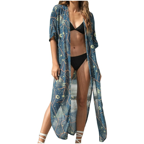 Mujer moda Casual Sexy verano manga corta estampado gran tamaño protector solar playa vacaciones largo gasa cárdigan blusa Pompotops qwe20394
