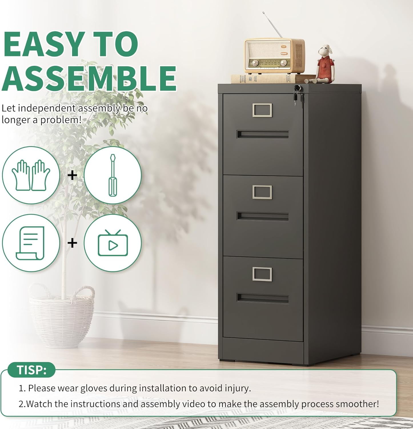 File Cabinet, 3 Drawers Vertical File Cabinets with Lock for Home Office,Heavy Duty Office Steel Filing Cabinet for Hanging Letters/Legal/A4, Assembly Required,Black