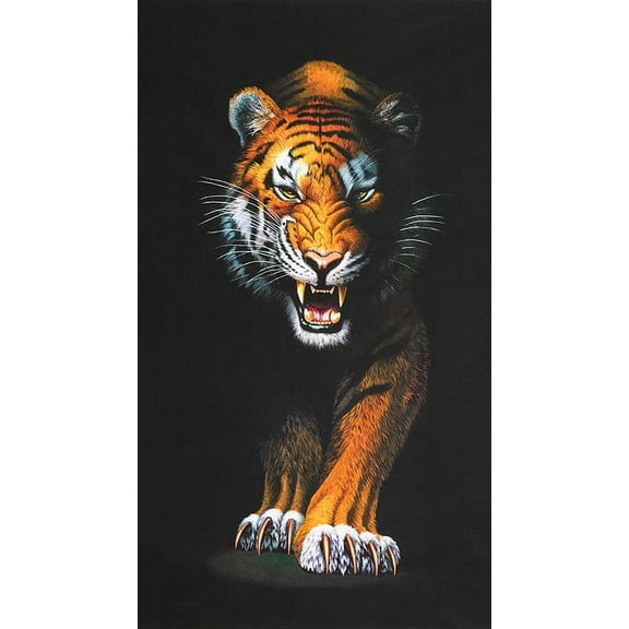 24" X 44" Panel Tigers Wildcat Jungle Animals Animal Kingdom Black Cotton Fabric Panel (AYHD-19870-286WILD)
