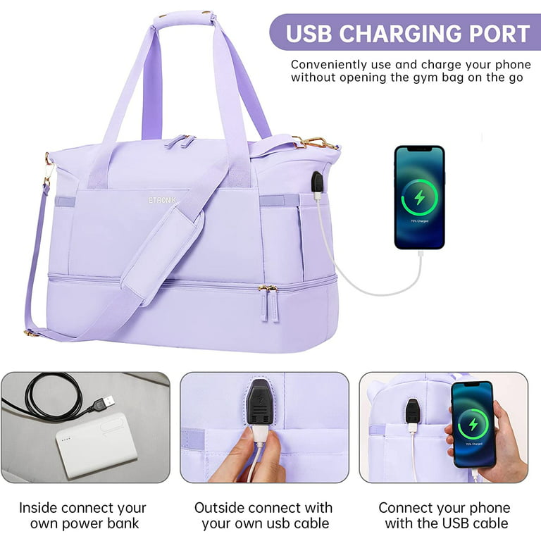 Gym Bag for Women, Sports Travel Duffel Bag with USB Charging Port, Weekender Overnight Bag with Wet Pocket and Shoes Compartment for Women Travel