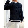 thumbnail image 3 of Luxurious Contrast Trim Cable Knit Sweater Flattering V-Neckline Dramatic Lantern, 3 of 7
