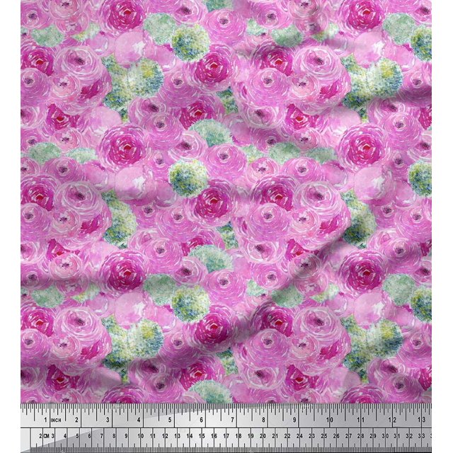 Soimoi Pink Poly Georgette Fabric Flower Watercolor Print Sewing Fabric BTY 52 Inch Wide