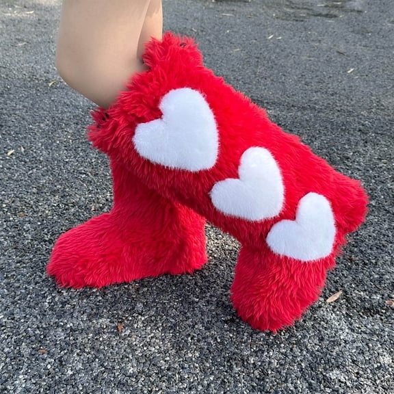 Xfvqtps Womens Plush Furry Snow Boots Knee High with Heart Decor Cute Winter Boots Warm Flat Sole Boots