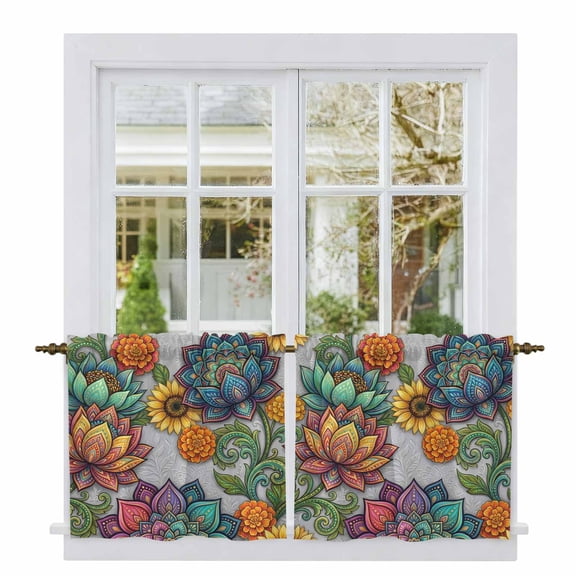 Vintage Floral Boho Tier Curtains 36 Inch Length, Abstract Art Modern Flowers Cafe Short Curtains for Bathroom Over Sink, Small Kitchen Curtain Light Filtering Tiered Drapes 2 Panels 27.5"Wx36"L