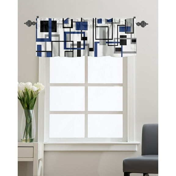 Kitchen Cafe Valance Curtain for Small Windows,Blue Black Grey Geometric Rectangle Rod Pocket Valances Mid Century Nordic Color Art Window Treatment Panel for Living Room/Bedroom/Bathroom,54x18in