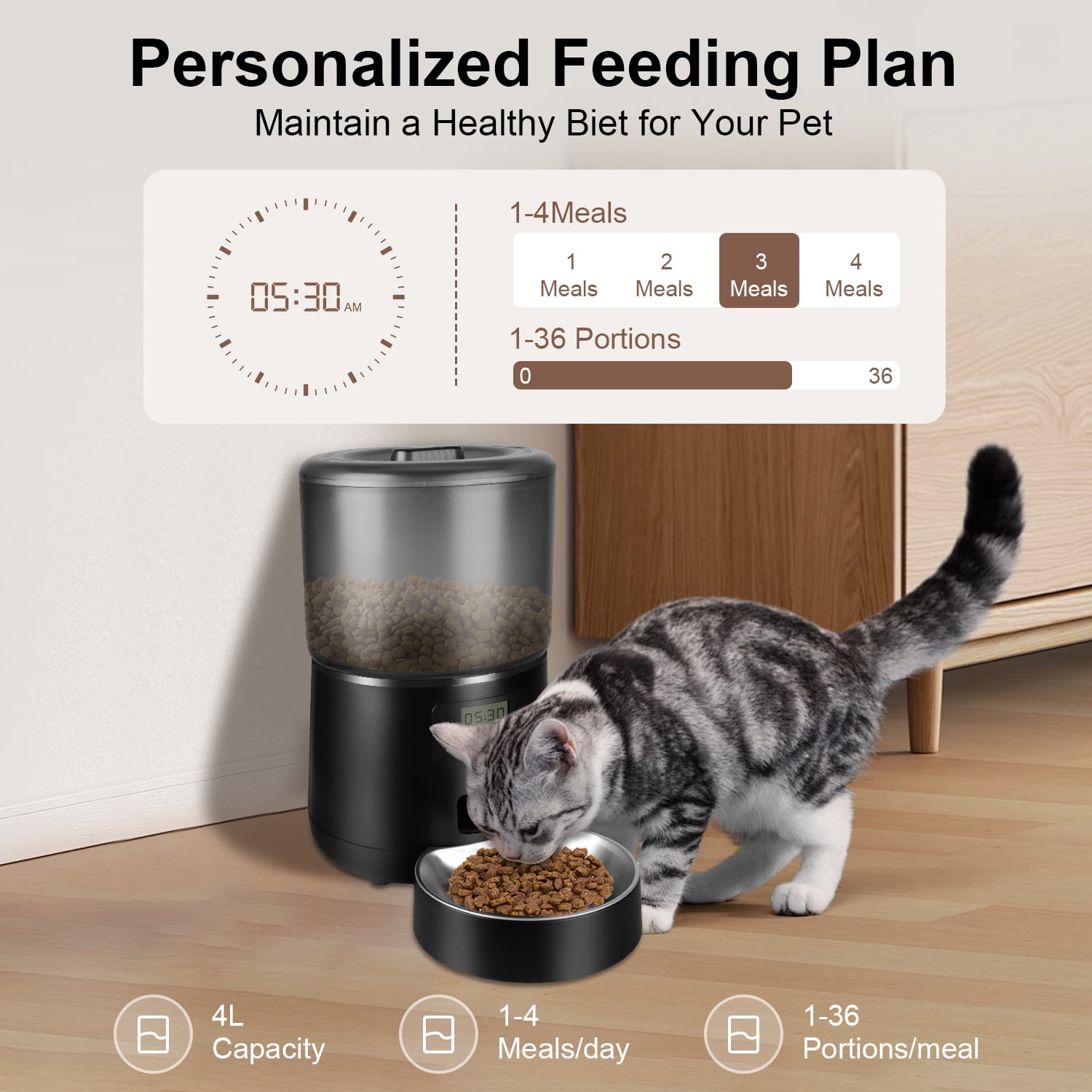 Automatic Cat Feeder,AndHot 4L Detachable Cat Food Dispenser Automatic Feeding for Dry Food Up to 36 Portions(9g/Portion)4 Meals Per Day, Dual Power Supply Timed Cat Feeders for Cats and Dog,Black