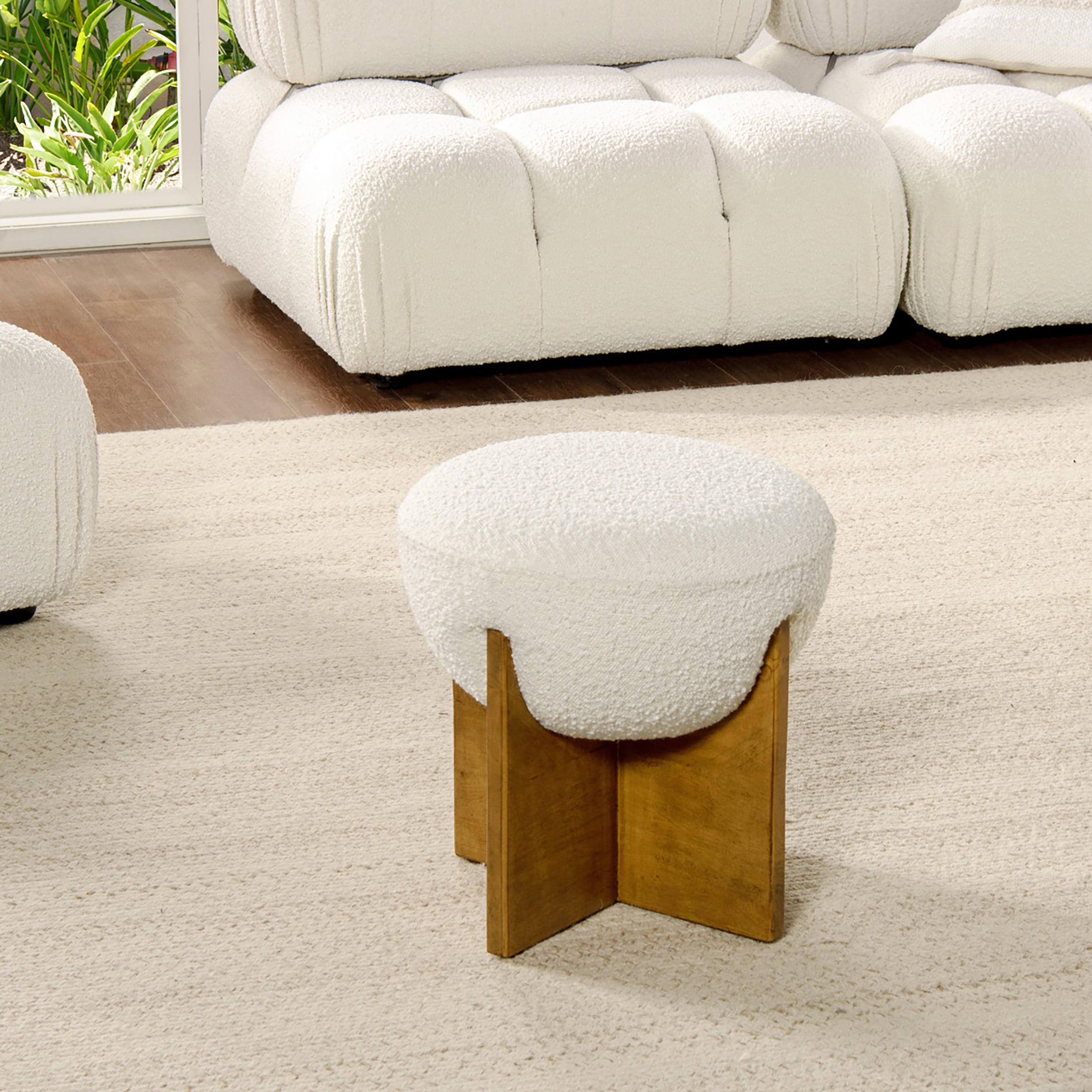 Bali 18.5" Round Upholstered Ottoman with Natural Wood Base Ivory White Boucle