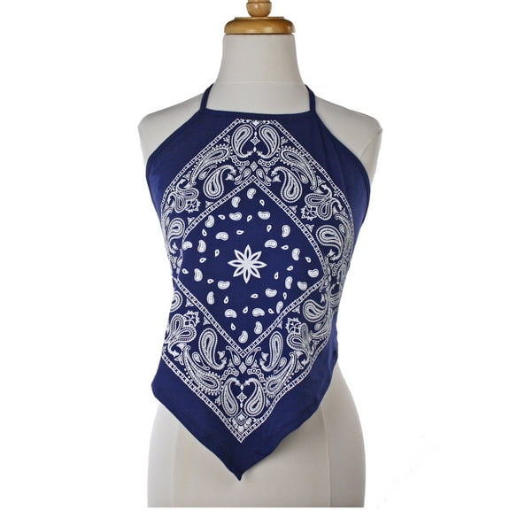 Blue Bandana Print Cotton Halter Top - Retro 60s 70s Style - Large