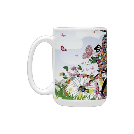 

Outdoor Woman Riding Vintage Romantic Bike with Spring Time Flowers in Basket Nature Image es Multic Ceramic Mug (15 OZ) (Made In USA)