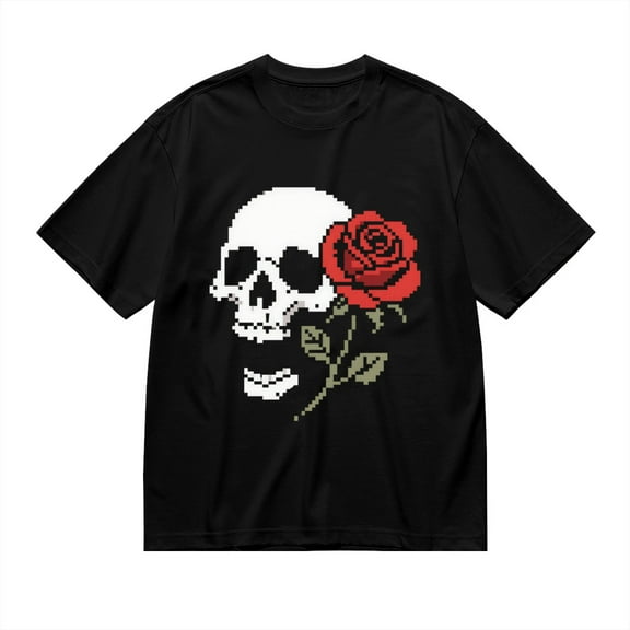 Black T Shirts for Men, Skull, Red Rose, Pixel Art Graphic 1 Mens Graphic Tees, 24827542,S