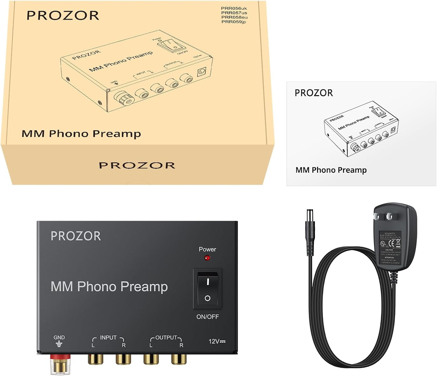 PROZOR MM Phono Turntable preamp - Mini Stereo Audio Low Noise Phono preamplifier with Power Switch, RCA Input, RCA Output, DC 12V Amp Certified Power Adapter Gold-Plated Connectors, Black