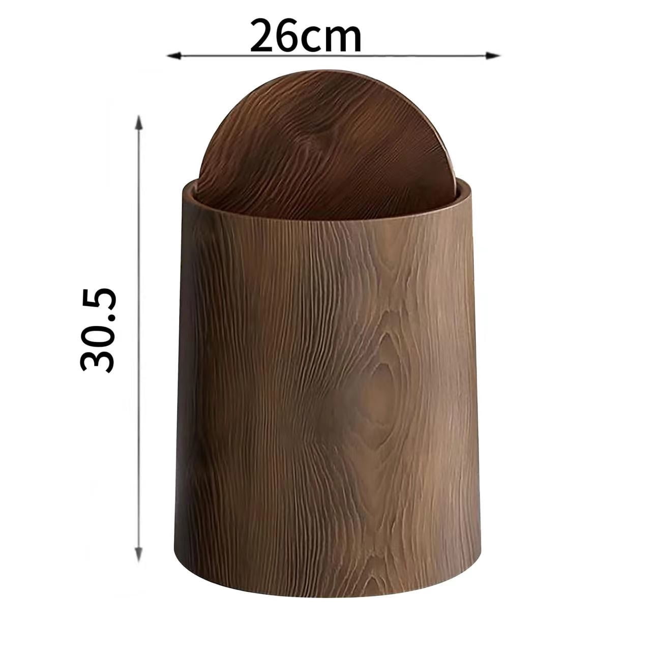 Brown Wood Grain Can with Lid, Swing Top Bathroom Garbage Can, Rotating Design Minimalist Dustbin, Detachable Inner Bucket for Office, Bedroom, Kitchen, Home Decor