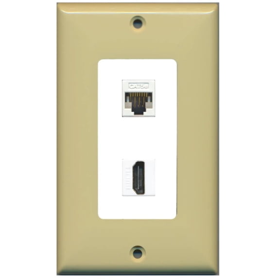 RiteAV - 1 Cat5e Ethernet and 1 HDMI Decorative Wall Plate - Ivory/White - Bracket Included