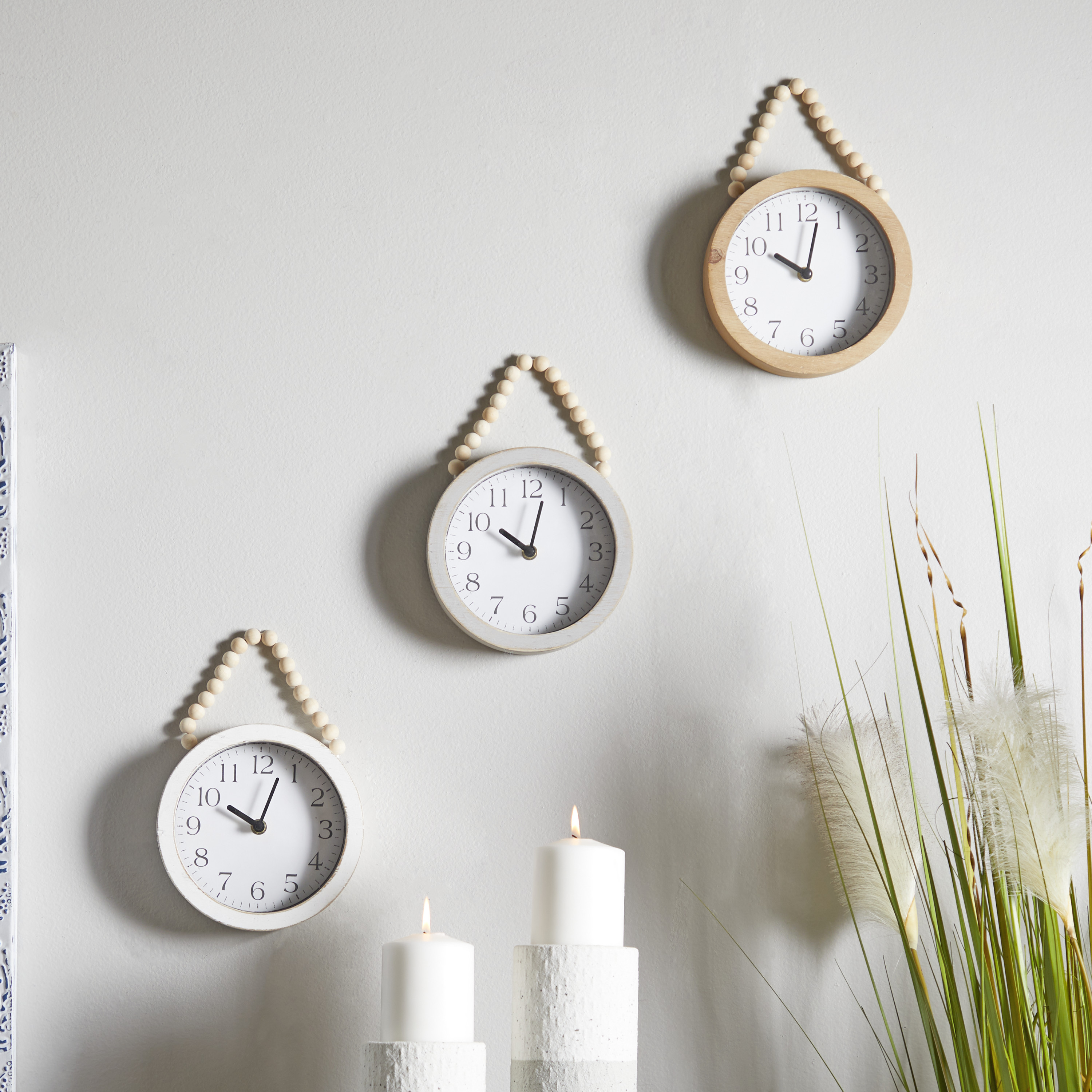 DecMode 7"W, 10"H White Wood Wall Clock with Rope Strap (3 Count)