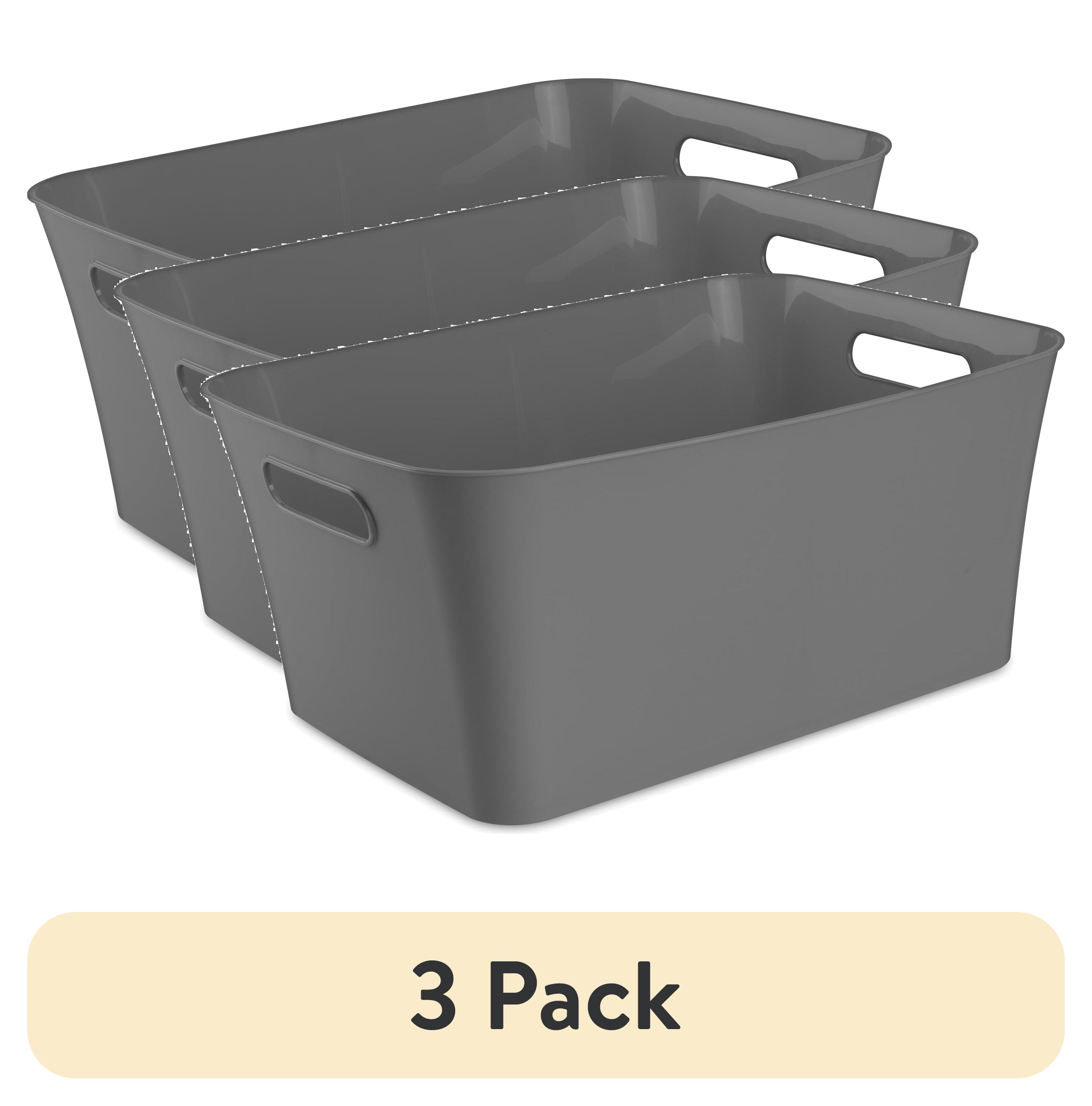 (3 pack) Mainstays Large Bin, Open Plastic Storage Containers, Versatile Stylish Organizers with Handles, Gray Flannel