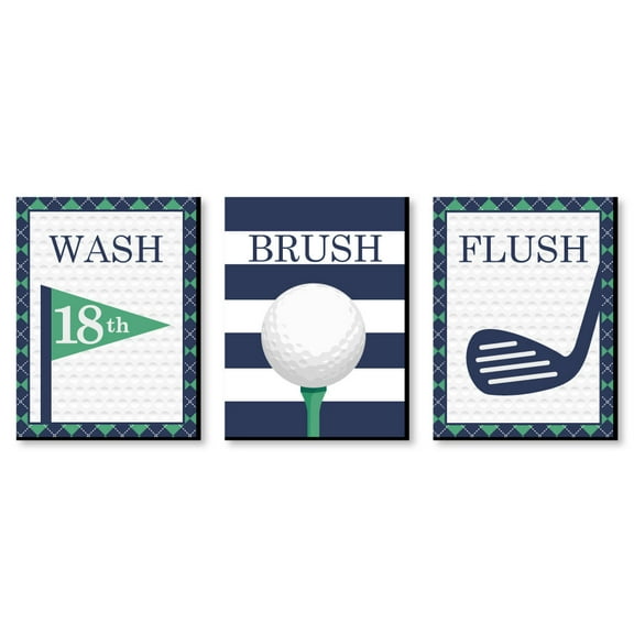 Big Dot of Happiness Par-Tee Time - Golf - Kids Bathroom Rules Wall Art - 7.5 x 10 inches - Set of 3 Signs - Wash, Brush, Flush