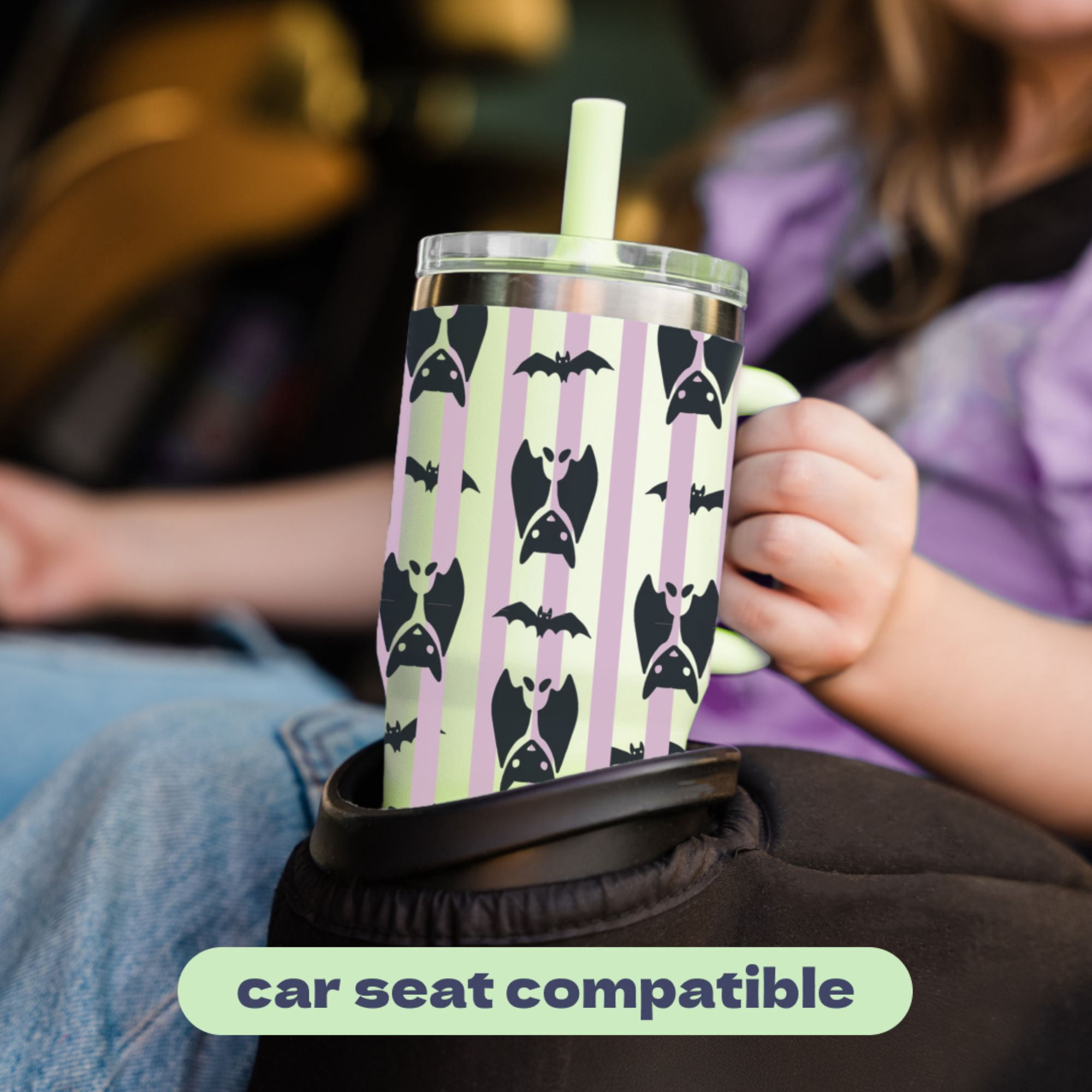 YAYA My First Travel Tumbler for Preschool & Kids 3+, Insulated Stainless Steel Tumbler with Reusable Silicone Straw & Spill-Proof Lid, Cup Holder Compatible, BPA-Free, 12oz, Bats
