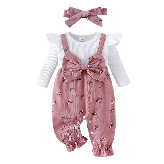 Loicainy Baby Toddler Girls Long Sleeve Jumpsuit 3 6 9 12 18 Months Floral Print Fake Two Pieces Patchwork Bow Romper and Cute Headband Set