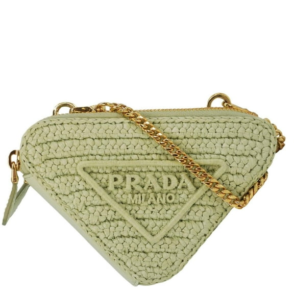 Pre-Owned PRADA Triangle Logo Raffia Embroidered Leather Chain Pouch Green