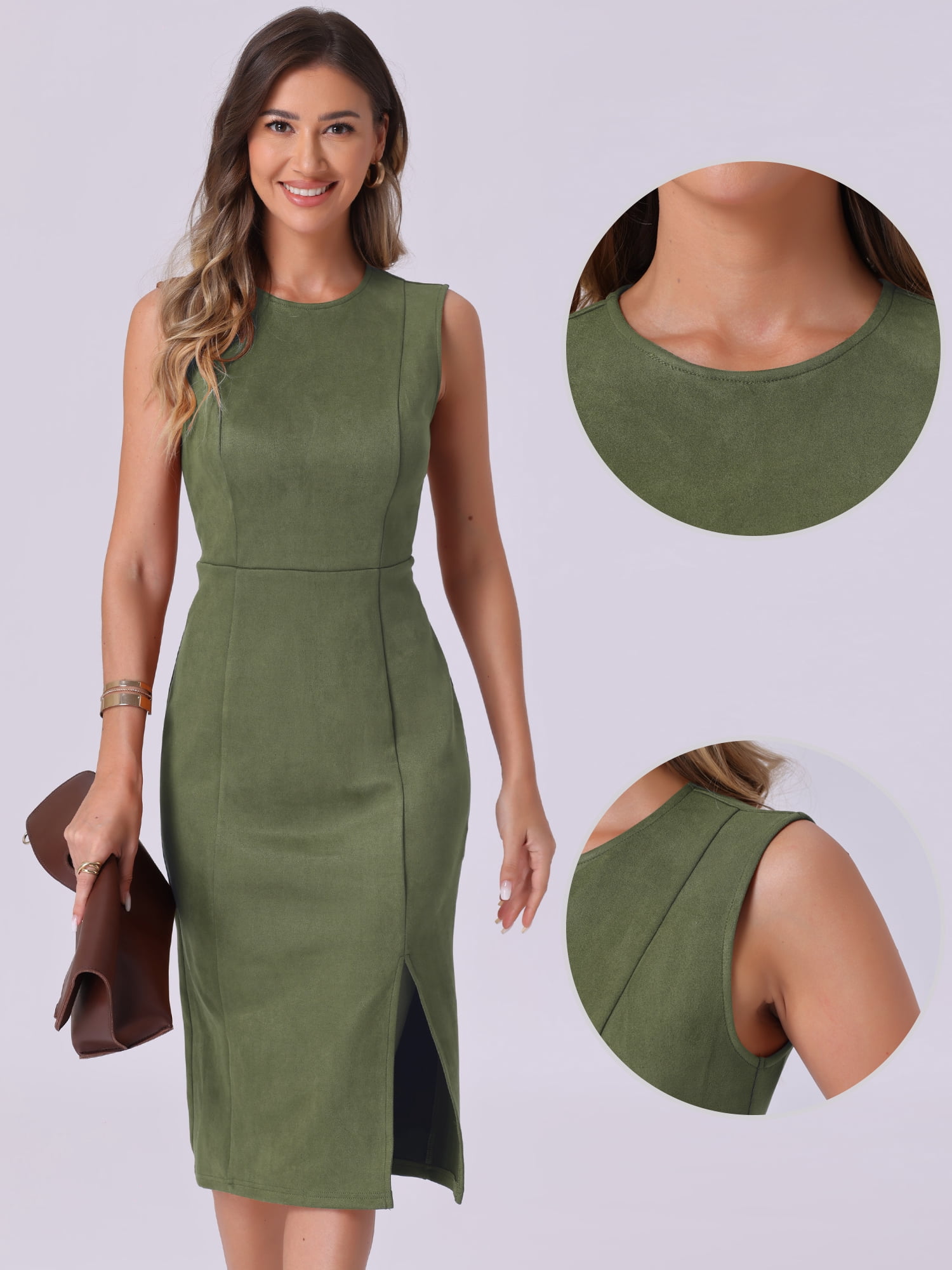 DARING DIVA Faux Suede Sleeveless Split Hem Dress Small Army Green