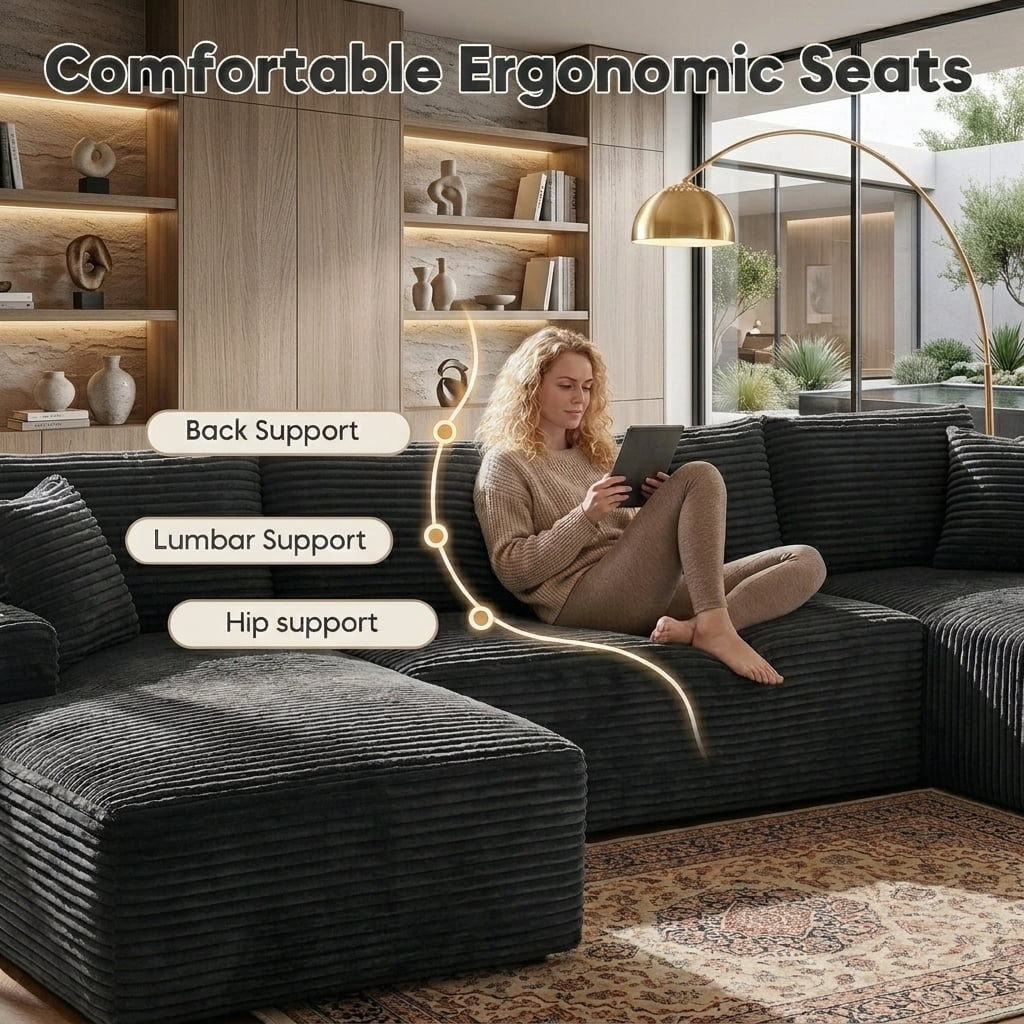 Howcool 134" Modular Cloud Couch, U-Shaped Sectional Sofa with Double Chaise, Oversized Deep Seat Boneless Corduroy Sofa with Cup Holders & Side Pockets, No Assembly Required, Grey