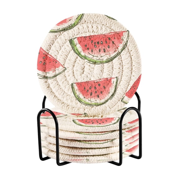 Yayeee 6 PCS Drink Coasters with Holder Set Woven Absorbent Round Tabletop Hot Pad, Watermelon Pattern