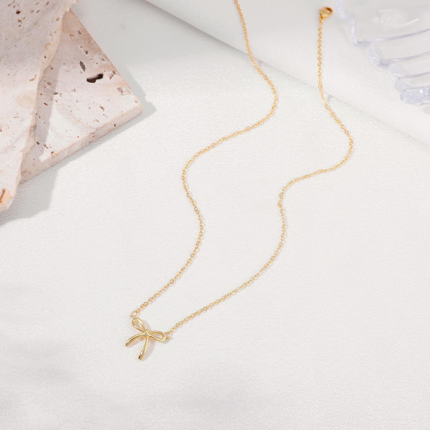 Christmas Gifts Stocking Stuffers Bow Gold Necklace for Women Non Tarnish Dainty 14k Gold Plated Pendant Necklaces Trendy Cute Charm Bow Necklace Gold Jewelry for Women Birthday Gift