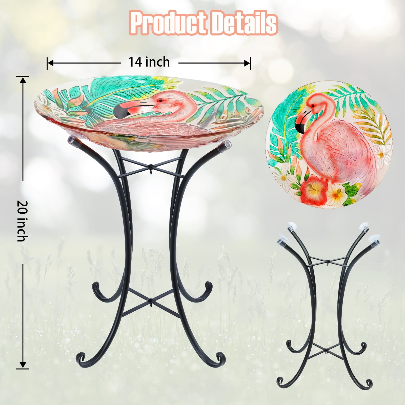 Flamingo Glass Bird Bath with Metal Stand – Bird Bath, Outdoor Bird Feeder & Decor, Stable Iron Frame for Patio/Garden, Colorful Floral & Leaf Accents