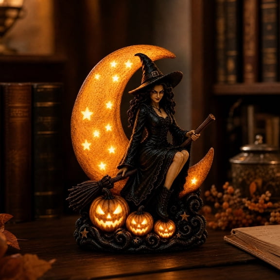 Gothic Witch Moon Night Light, Halloween Bedroom Shelf Decor, Spooky LED Tabletop Lamp for Holiday Season, Dark Academia Vintage House Accent​