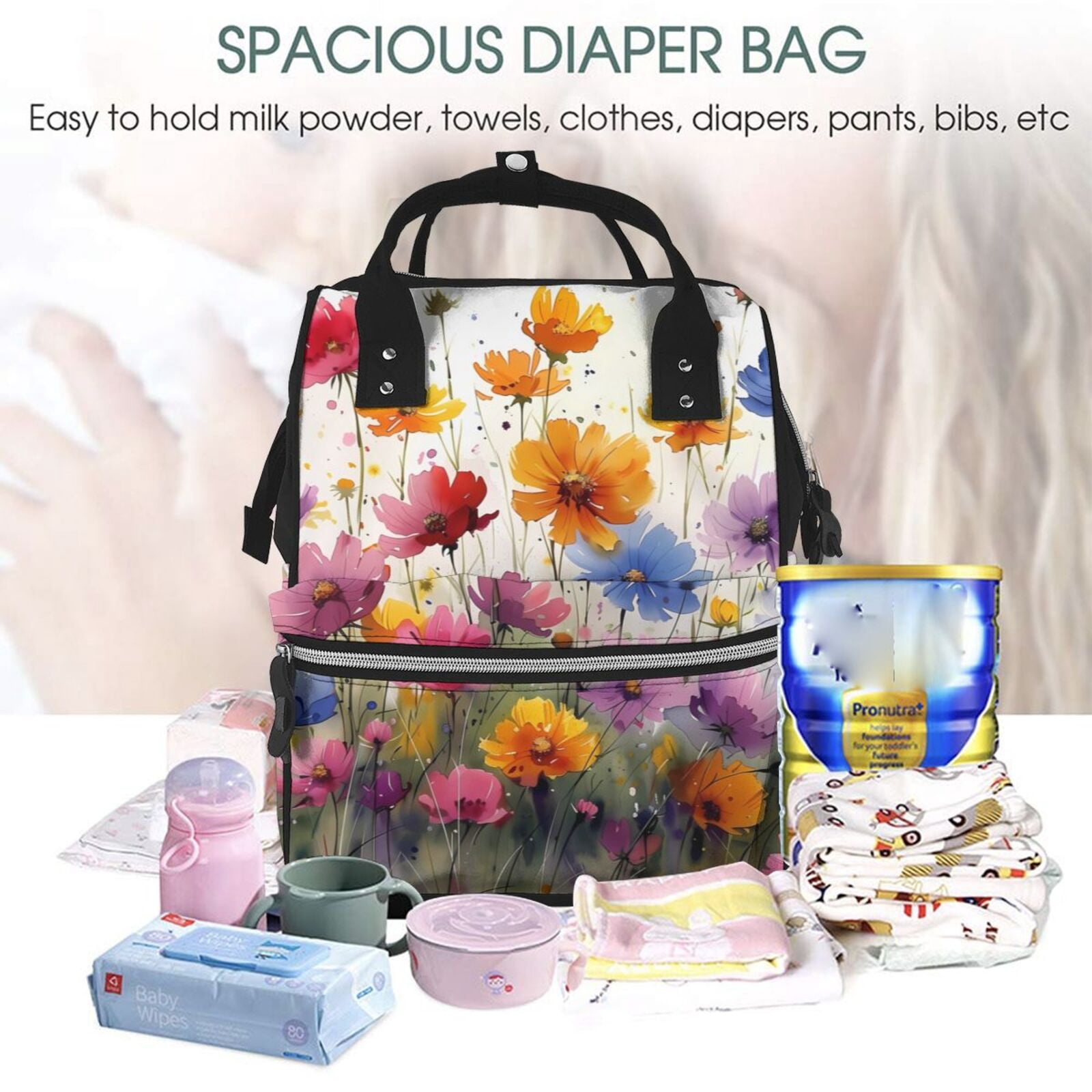 Ratiio Colorful Wildflower Meadow Mummy Backpack - Waterproof Twill Canvas, Large Capacity Diaper Bag with Multiple Pockets and Adjustable Straps