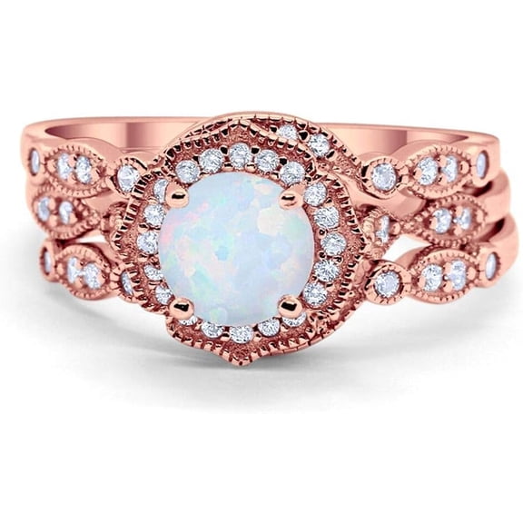 Gems Jewels 925 Sterling Silver 2.45 Ct Round Cut Fire Opal Wedding Engagement Thanksgiving Christmas Bridal Ring Set 14K Rose Gold Plated For Women's -4