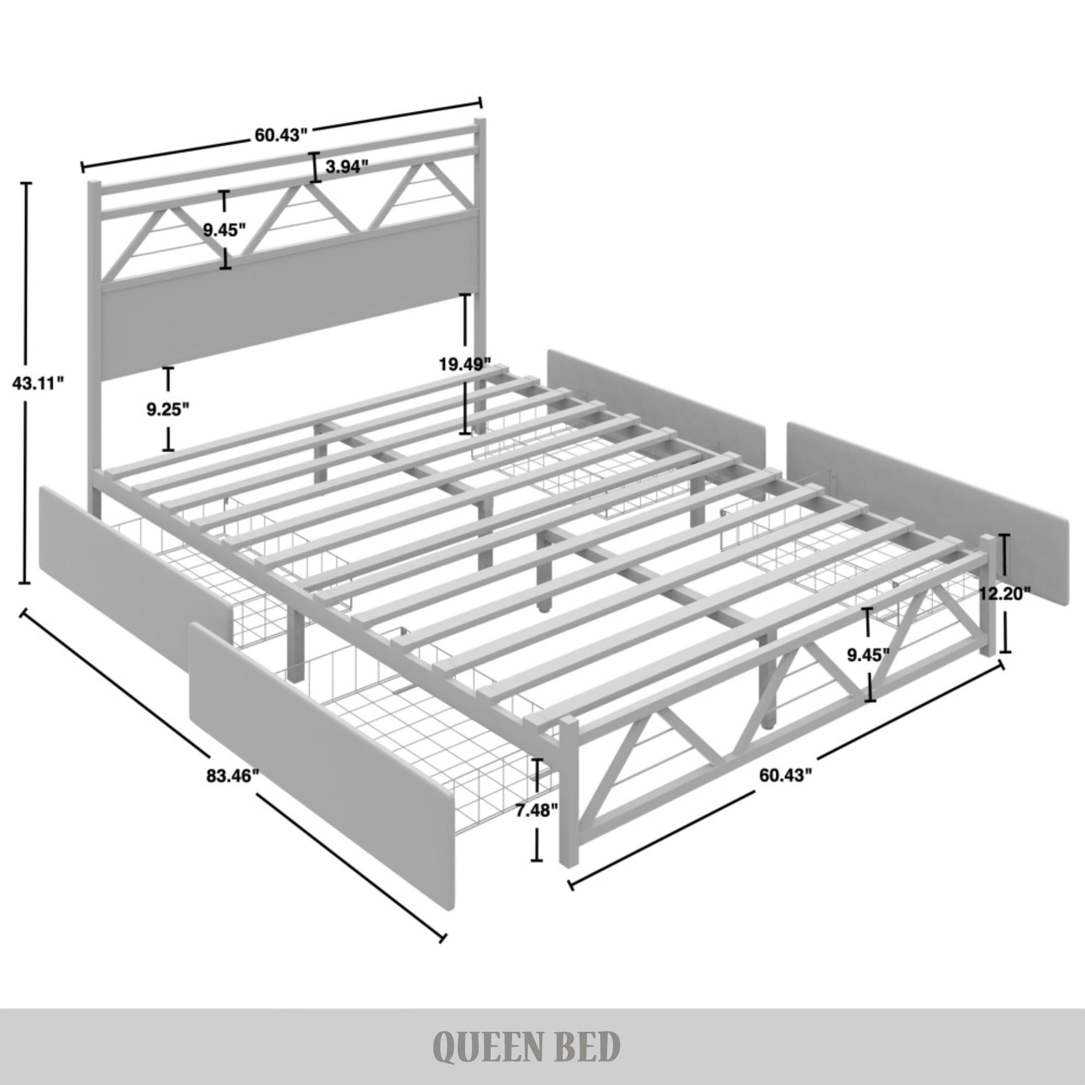Castle Place Vintage Queen Metal Platform Bed with 4 Storage Drawers, Natural Oak