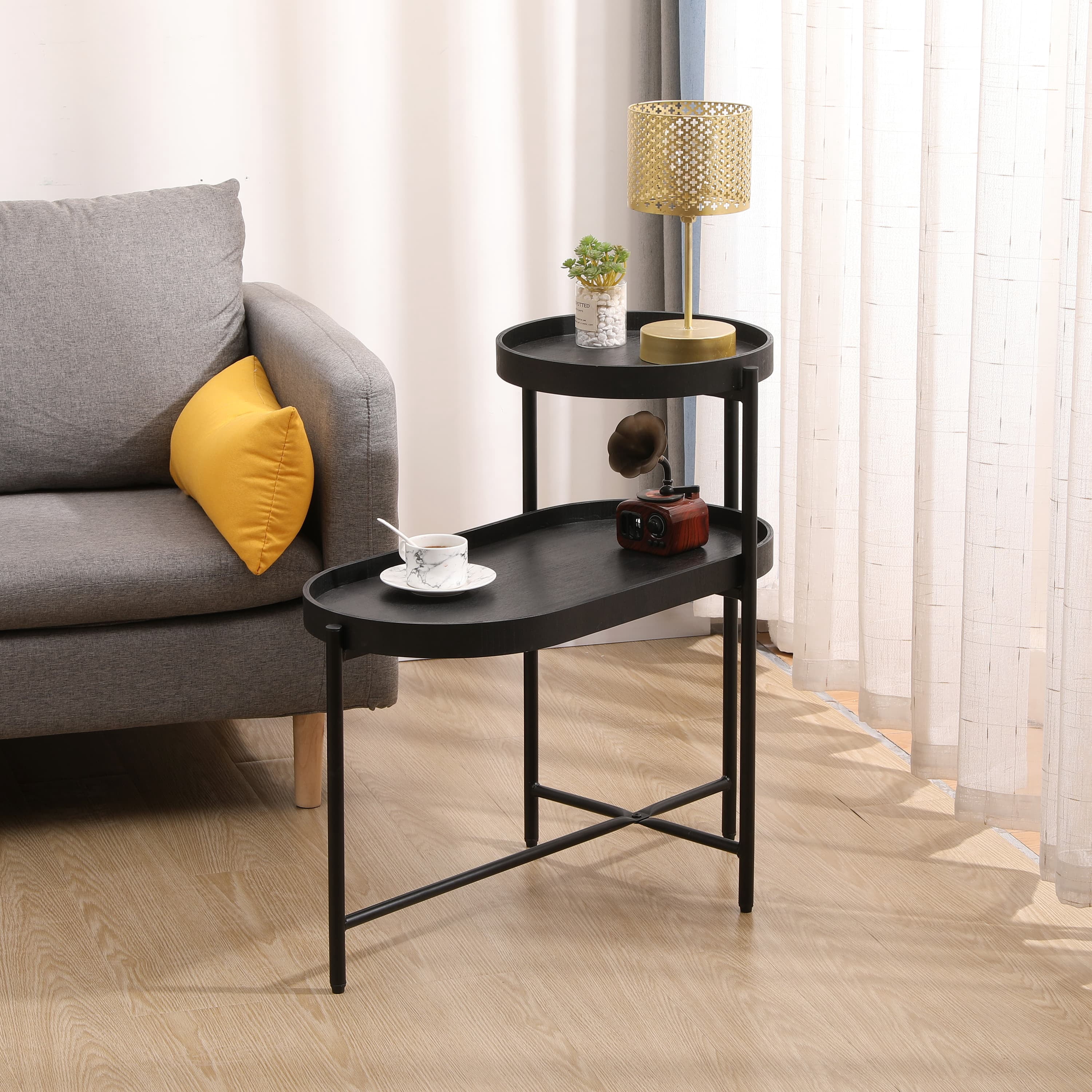 MAYEERTY 2-Tier Black Side Table - Storage, Metal Frame & Wooden Desk, Sofa Table for Living Room.