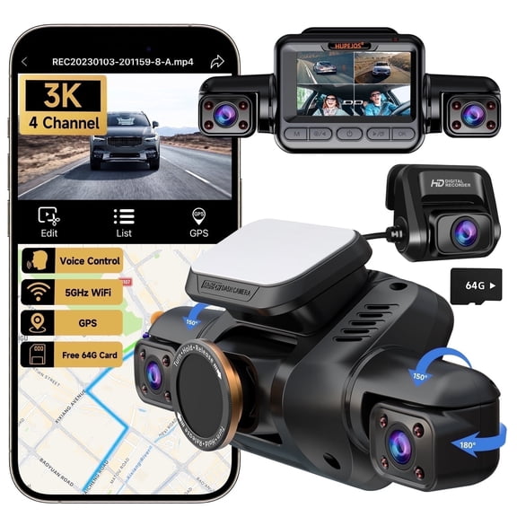 HUPEJOS 4K Dash Cam for Cars, 360° GPS Dashcam Front and Rear Inside, 4-Channel Car Camera 64GB SD Card Included, Voice Control, 5GHz WiFi, APP Supported, Night Vision, CPL Filter,24H Parking Mode