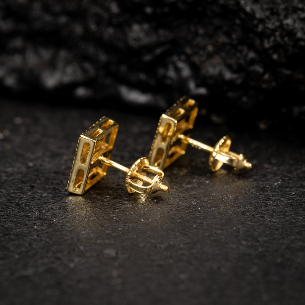 Retro 90's Hip Hop Square Shape 14K Yellow Gold Plated 925 Sterling Silver Screw Back Post 9mm Textured Nugget Stud Earrings
