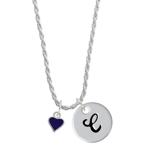 Delight Jewelry Silvertone Mini Two Sided Purple Heart Silvertone Script Initial Disc - C - Charm Necklace, 20"+3"