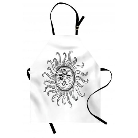 Retro Shapes - Sun Apron Doodle Style Vintage Symbol Retro Tribal Elements Stars Arrow Shapes and Crescent Moon, Unisex Kitchen Bib Apron with Adjustable Neck for Cooking Baking Gardening, Black White, by Ambesonne
