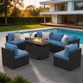 thumbnail image 6 of Clouddwell 8-Piece Patio Furniture Set With Fire Table On Sale, Black Rattan Wicker Outdoor Sectional Sofa Couch with Table Patio Conversation Set for Lawn& Backyard, Blue, 6 of 8
