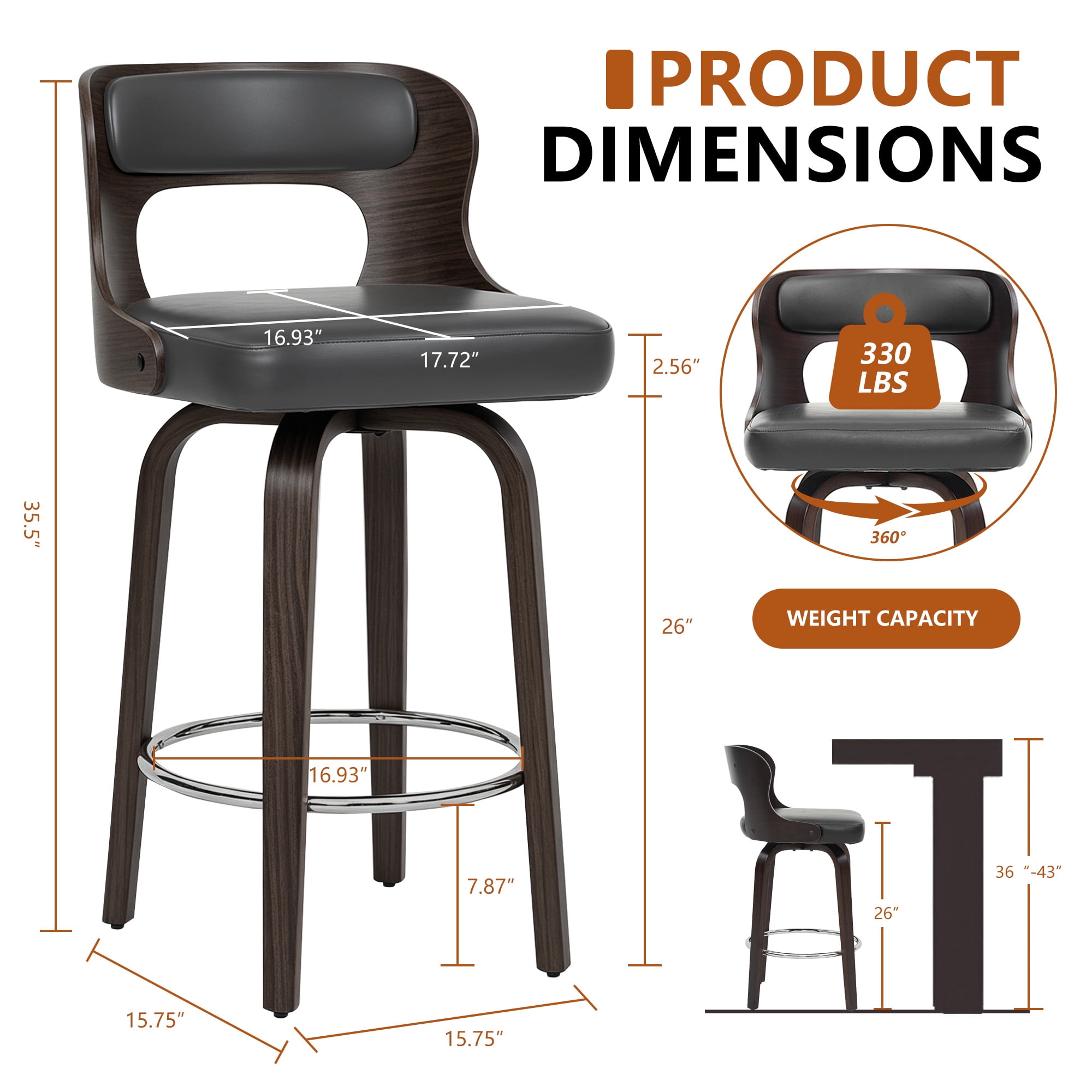 ClinQ 26 inch Swivel Bar Stools Set of 4, Counter Height Bar Chairs with Walnut Legs and Silver Ring Footrest, Upholstered Faux Leather, Black