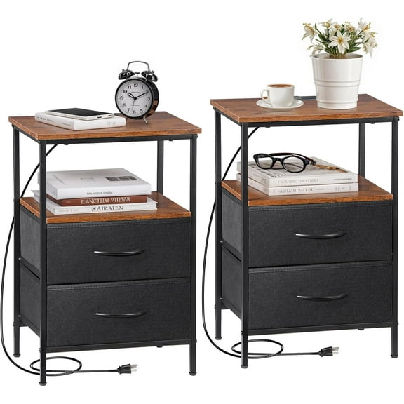LEIYY End Table Set of 2, Nightstand with Charging Station 3 Tier Modern Bed Side Table with 2 Fabric Storage Drawers for Bedroom, Living Room, Small Spaces, Rustic Brown and Black