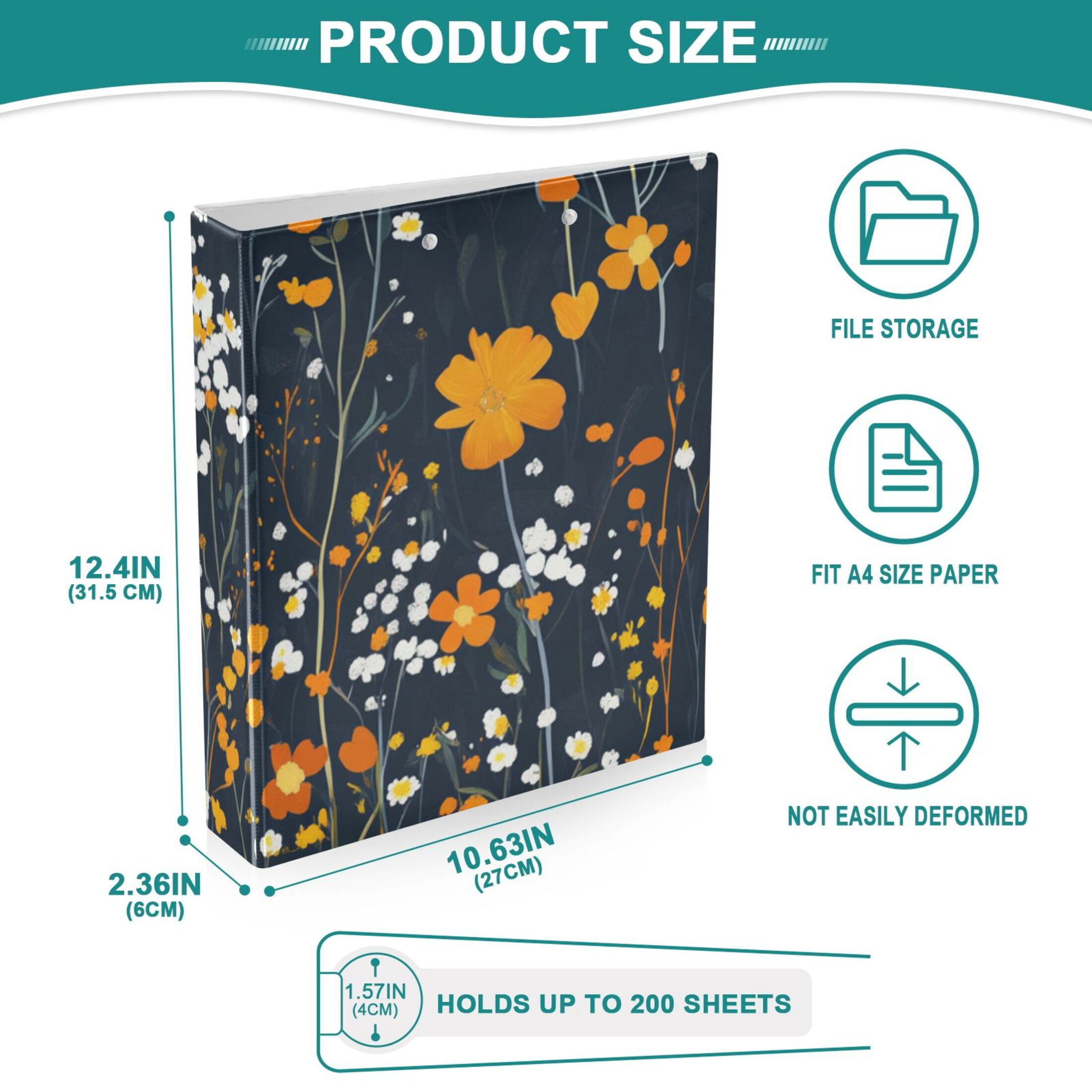 Dark Filed Flowers 3 Ring Binders 1.5 inch Hardcover File Folders with Interior Pockets A4 Size Organizer for School Office Hospital