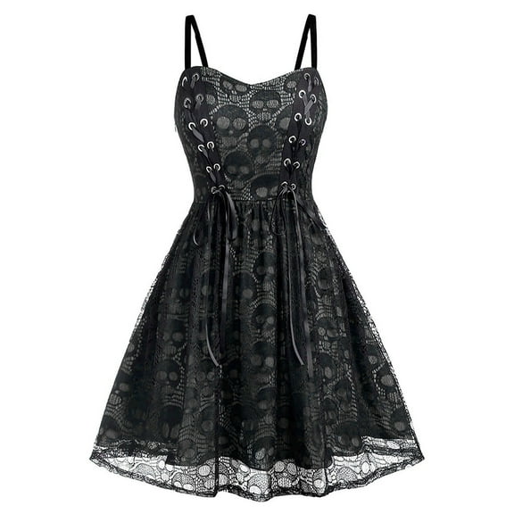 Women's Skull Print Goth Dress 2024 Halloween Camisole Punk Dress Lace Spaghetti Strap Steampunk Dress Goth Clothes