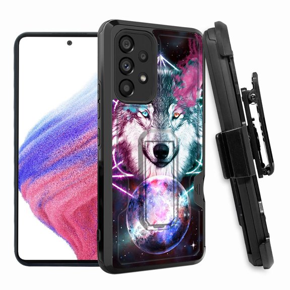 ANJ  Rugged Shockproof Hoster Case w/Card Slot, Kickstand   Tempered Glass Cover for Samsung Galaxy A33 5G - Wolf Fantasy
