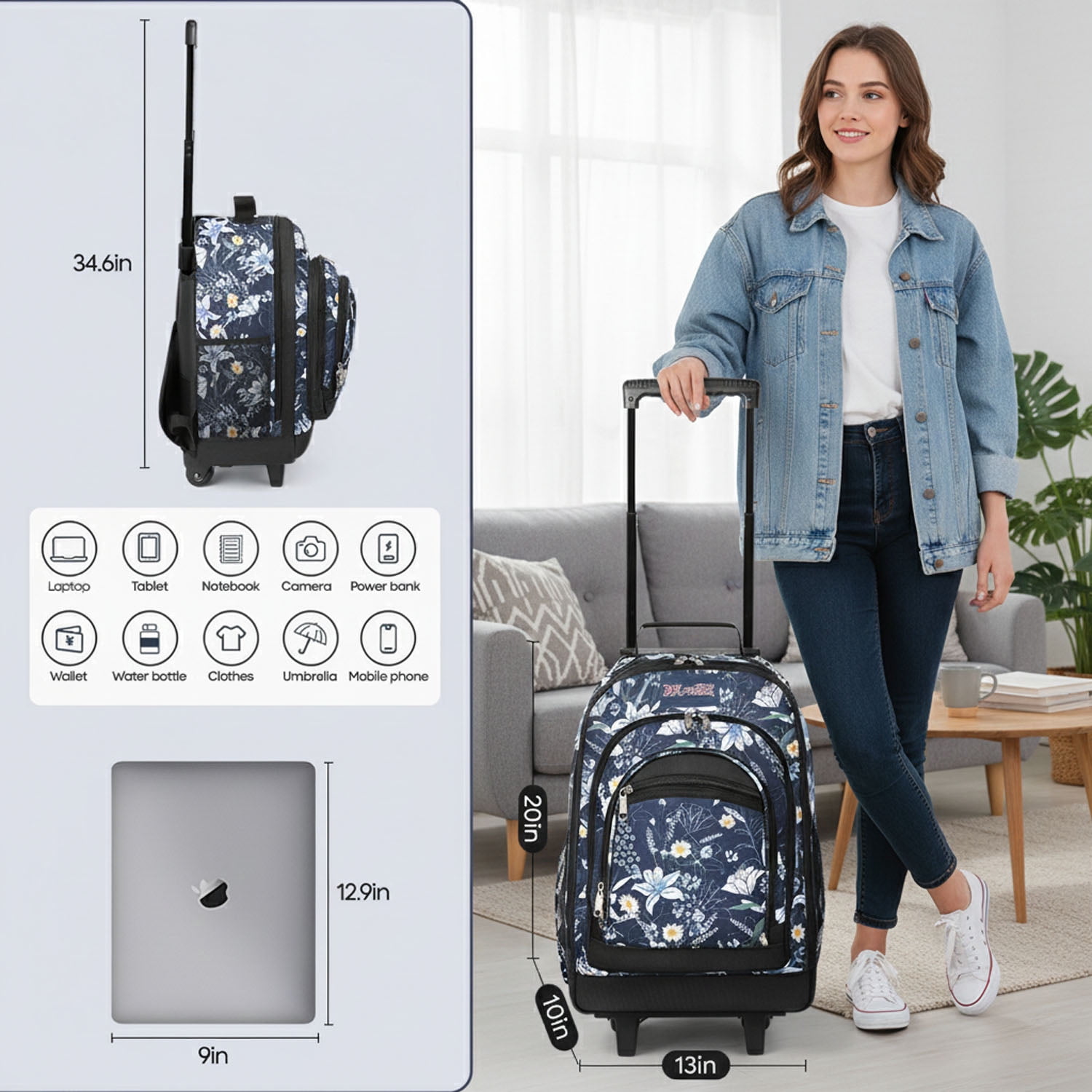 20" Rolling Backpack for Women Men, 2 in 1 Carry-on Travel Backpack with Wheels & Handle for Work, Weekend, School, Short Trips, Blue Lilies - JH2561