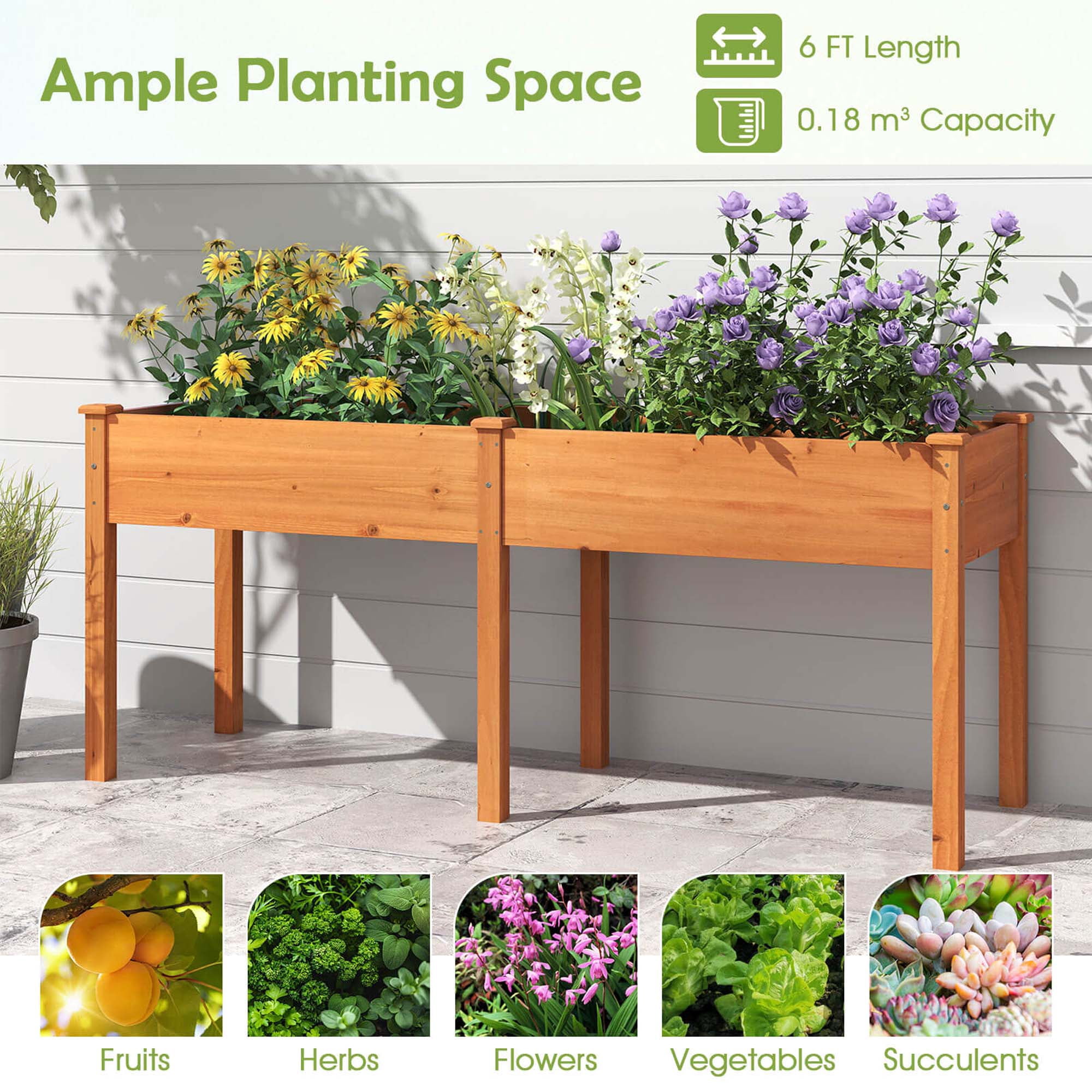 Costway Outdoor Raised Garden Bed with Legs 73x23x30in Wood Planter Box with Divider Panel Brown