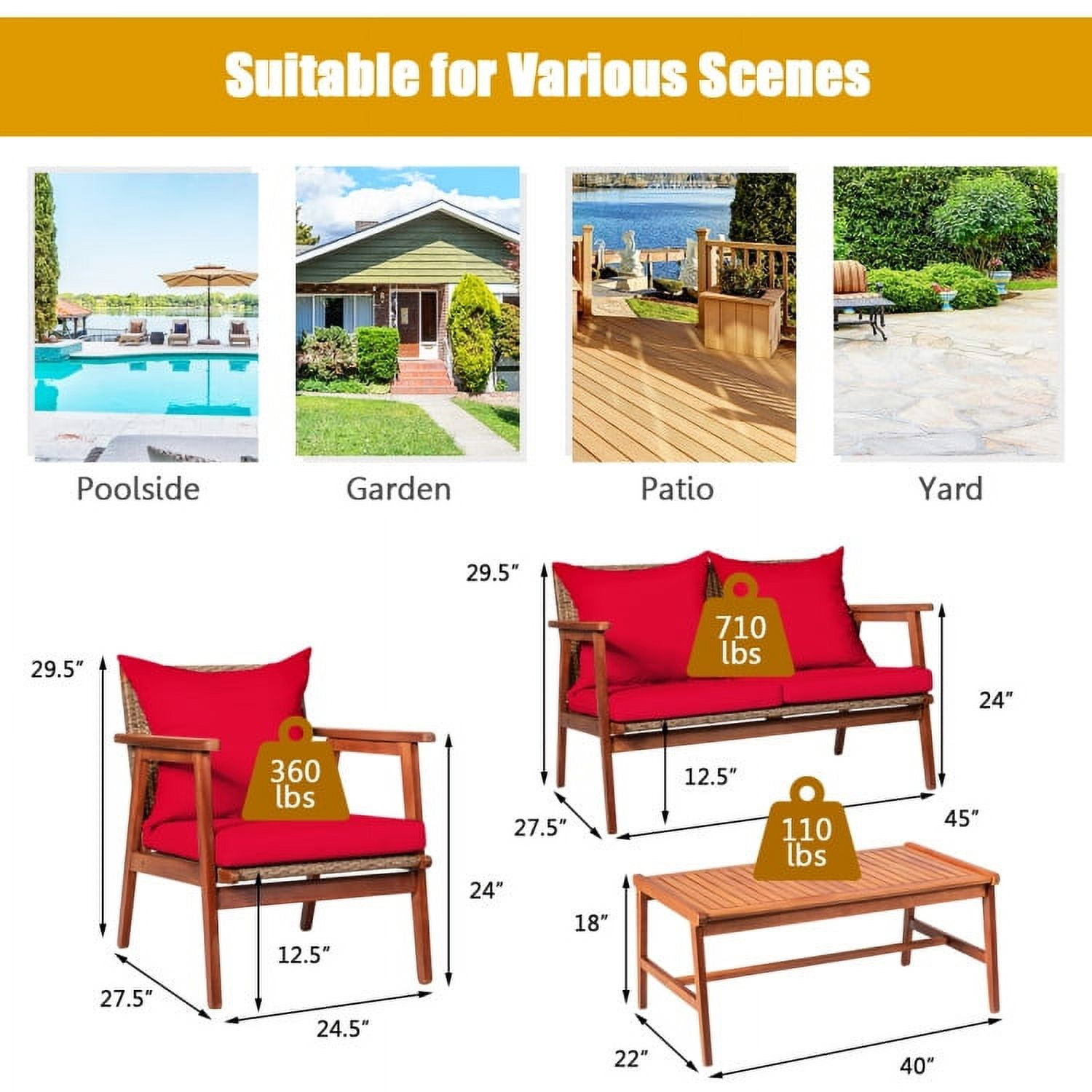 Aimee Lii 4 Pieces Patio Wicker Rattan Furniture Set for Lawn Backyard, Acacia Wood Patio Outdoor Patio Furniture, Red Aimee Lii 4 Pieces Patio Wicker Rattan Furniture Set for Lawn Backyard, Acacia Wood Patio Outdoor Patio Furniture, Red